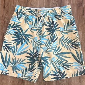 Abercrombie & Fitch Yellow Swim Shorts with Blue and Teal Tropical Leaves